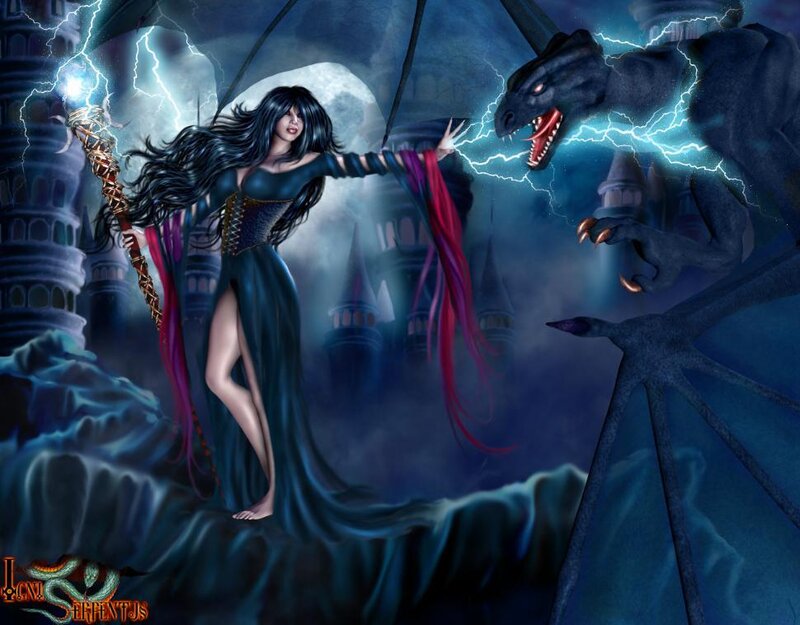 witch battling a dragon