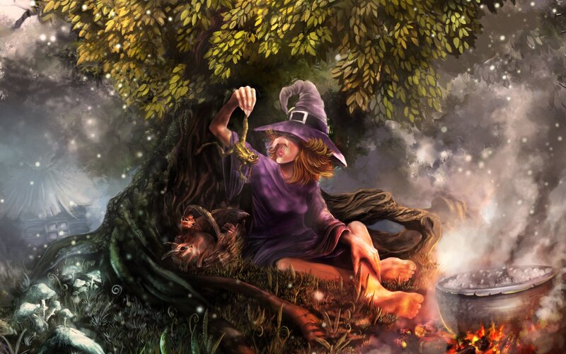witch brewing potion in forest