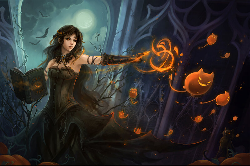 Witch casting spell at night
