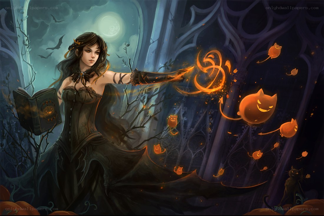 Witch casting spell at night