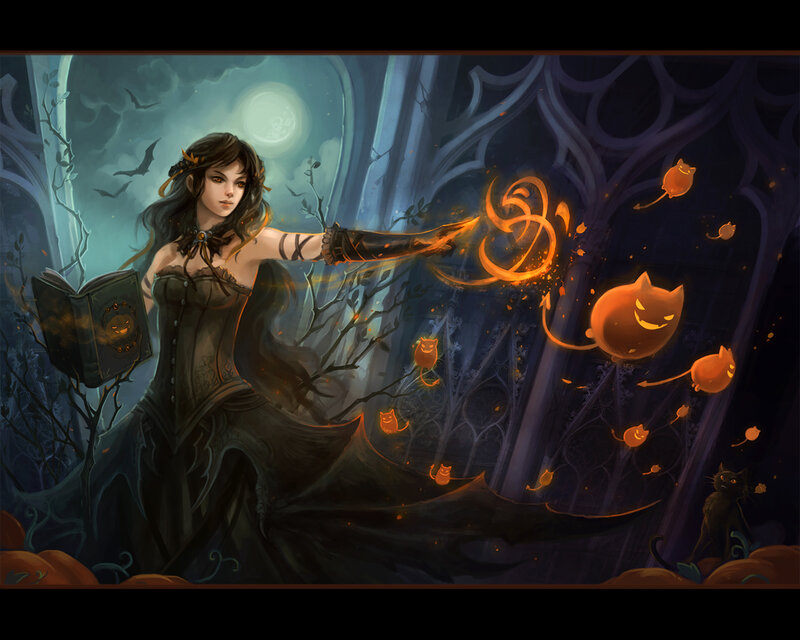 witch casting spell at night
