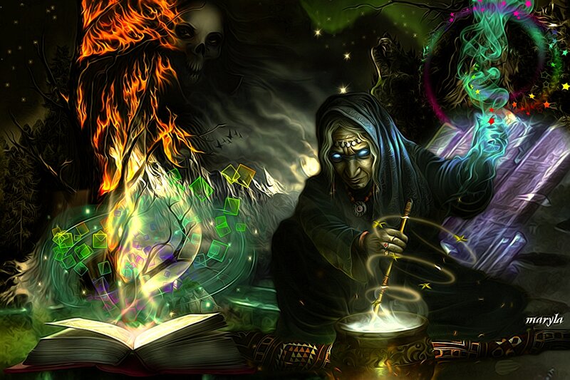 Witch Casting Spell — Black, Dramatic, Night