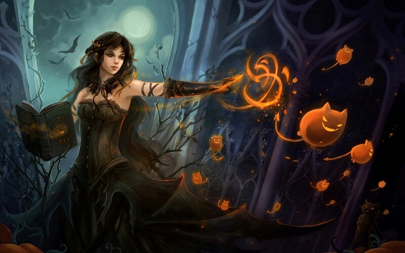 Witch Casting Spell — Black, Mysterious, Night, Digital Art, Book