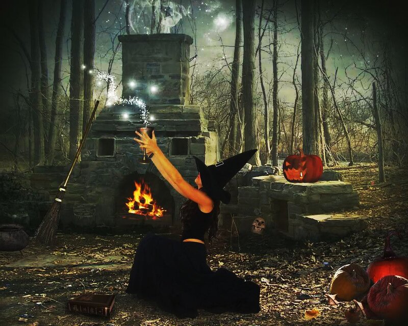 Witch Casting Spell — Black, Mysterious, Night, Digital Art, Pumpkin