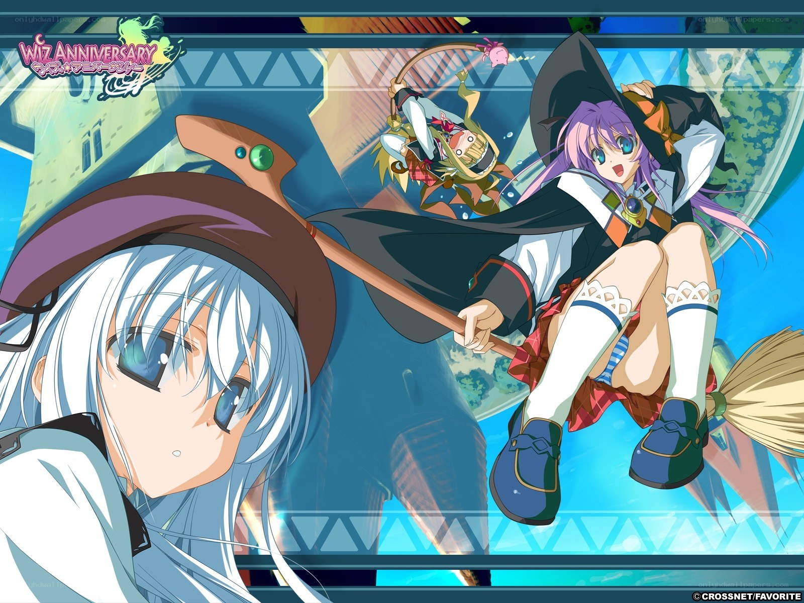 Witch characters on broomsticks