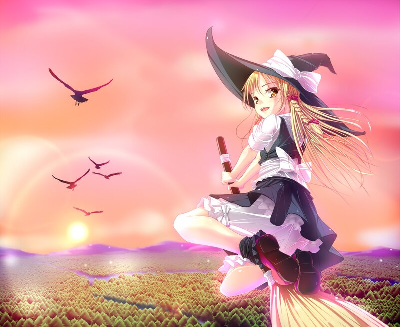 witch flying at sunset