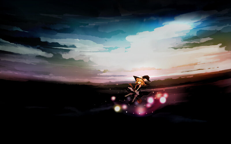 witch flying at sunset