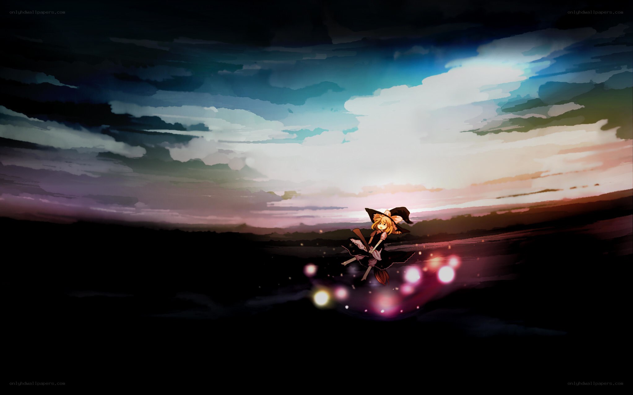 witch flying at sunset