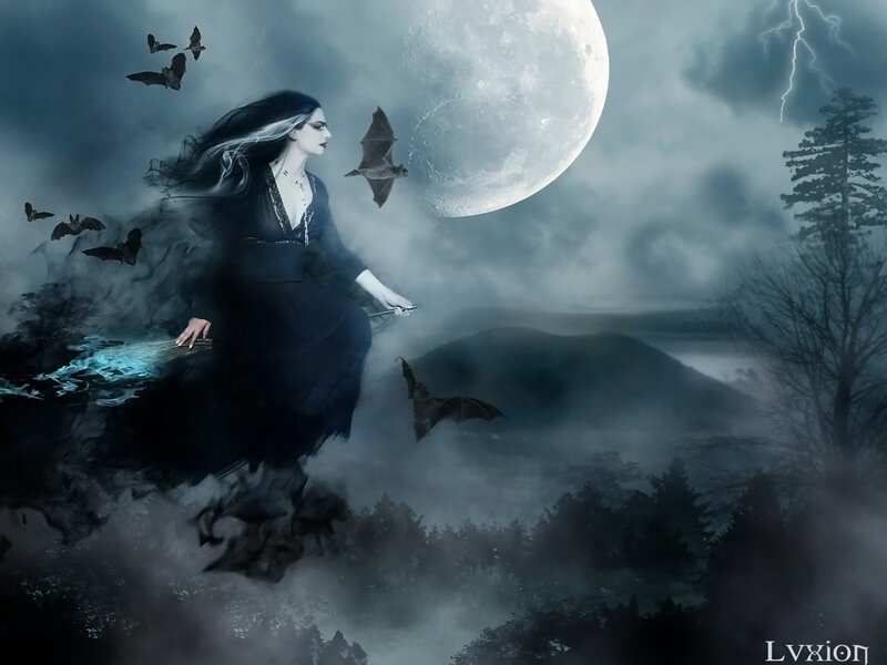 Witch Flying on Broom — Black, Dark