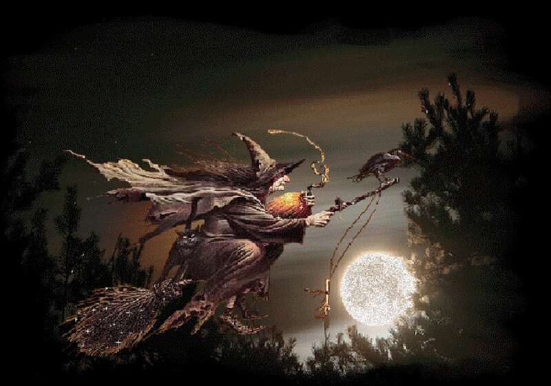 Witch Flying on Broom — Black, Dramatic, Night, Digital Art, Broomstick
