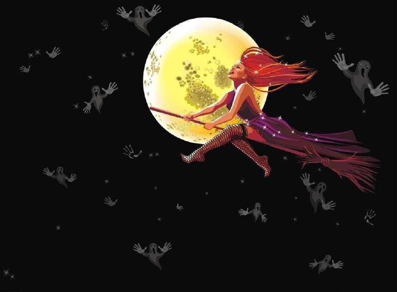Witch Flying on Broom — Black, Dramatic, Night, Digital Art