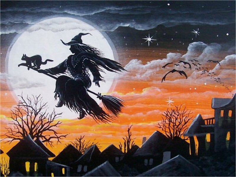 Witch Flying on Broom — Black, Dramatic, Night, Painting
