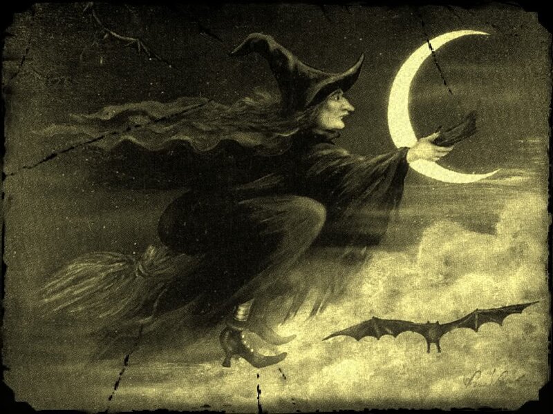 Witch Flying on Broom — Black, Dramatic, Night
