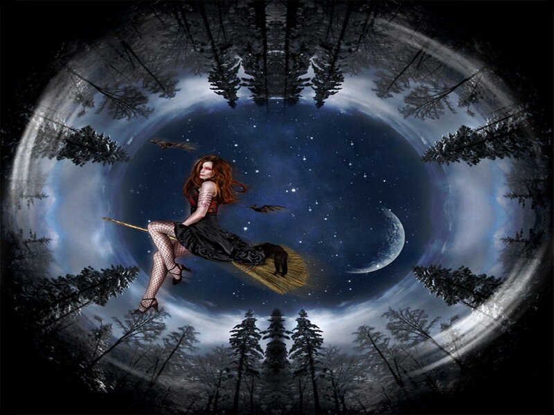 Witch Flying on Broom — Black, Mystical