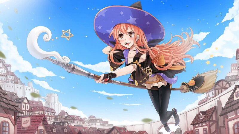 Witch Flying on Broom — Blue, Cheerful, Afternoon