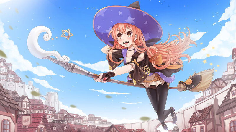 Witch Flying on Broom — Blue, Cheerful