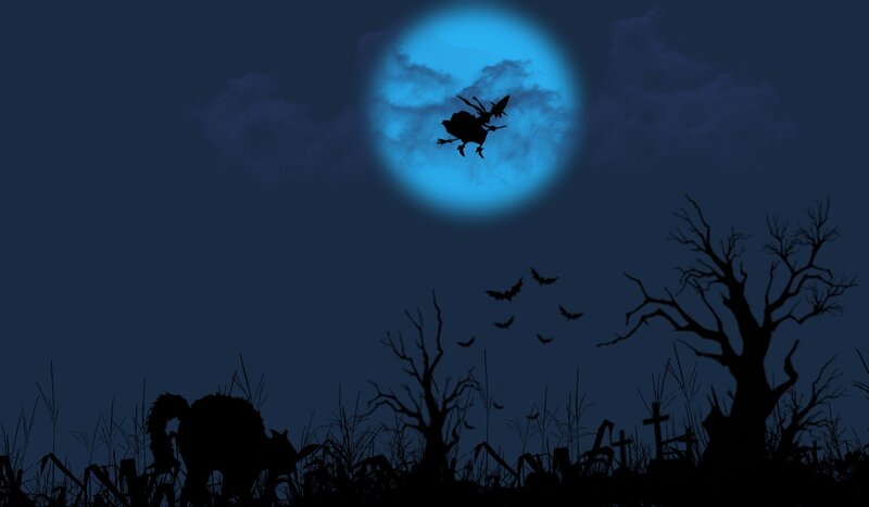 Witch Flying on Broom — Blue, Dark, Night
