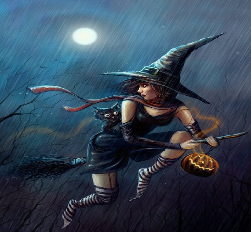 Witch Flying on Broom — Blue, Dramatic, Night, Digital Art, Cat