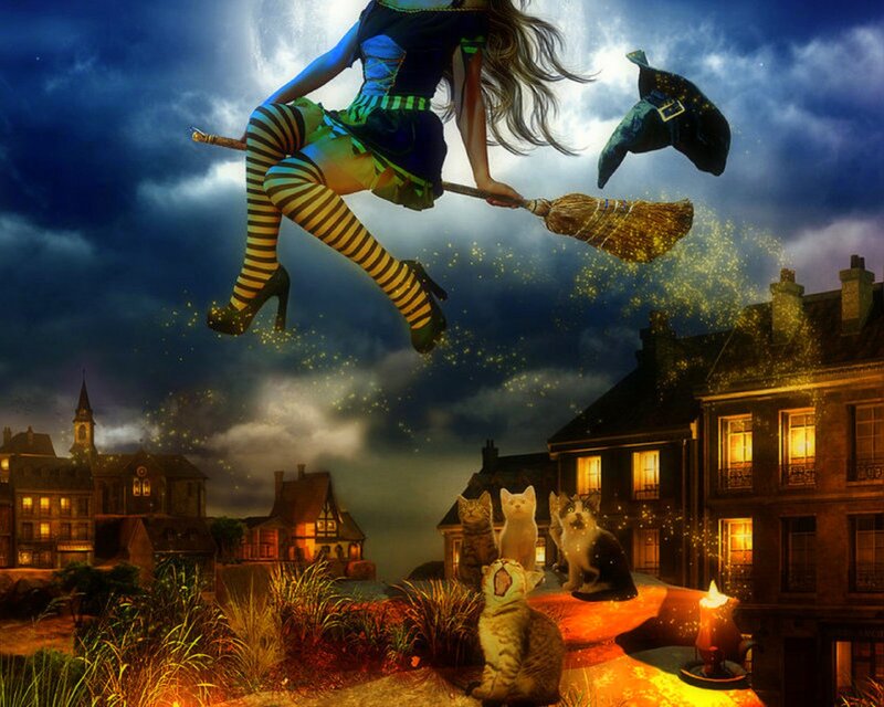 Witch Flying on Broom — Blue, Dramatic, Night, Digital Art, Cats