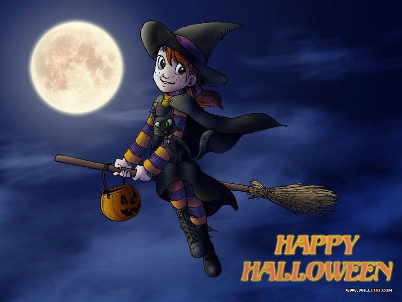 Witch Flying on Broom — Blue, Festive, Night, Digital Art