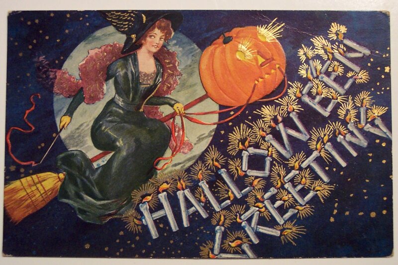 Witch Flying on Broom — Blue, Festive, Night, Illustration, Pumpkin
