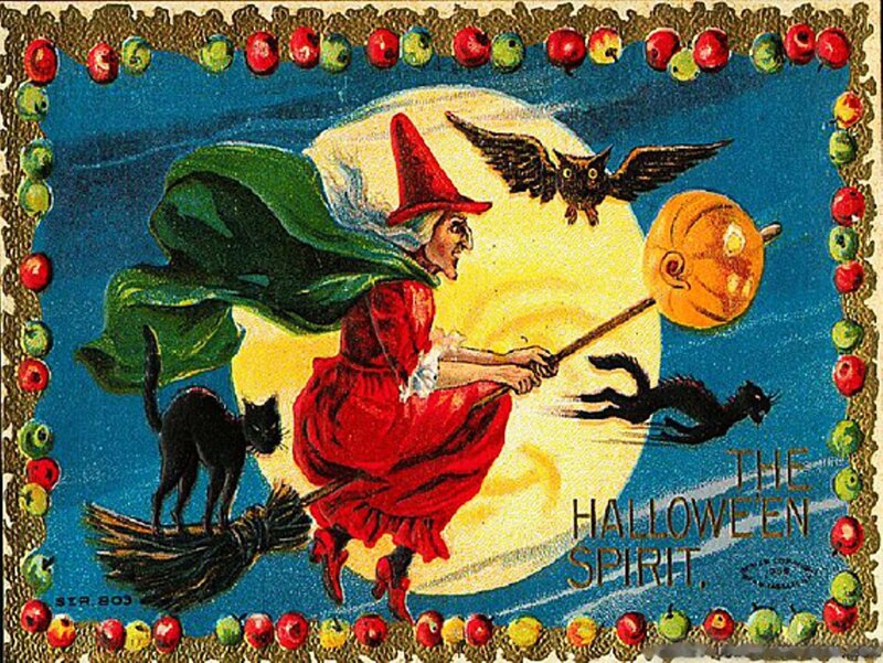 Witch Flying on Broom — Blue, Festive, Night, Illustration