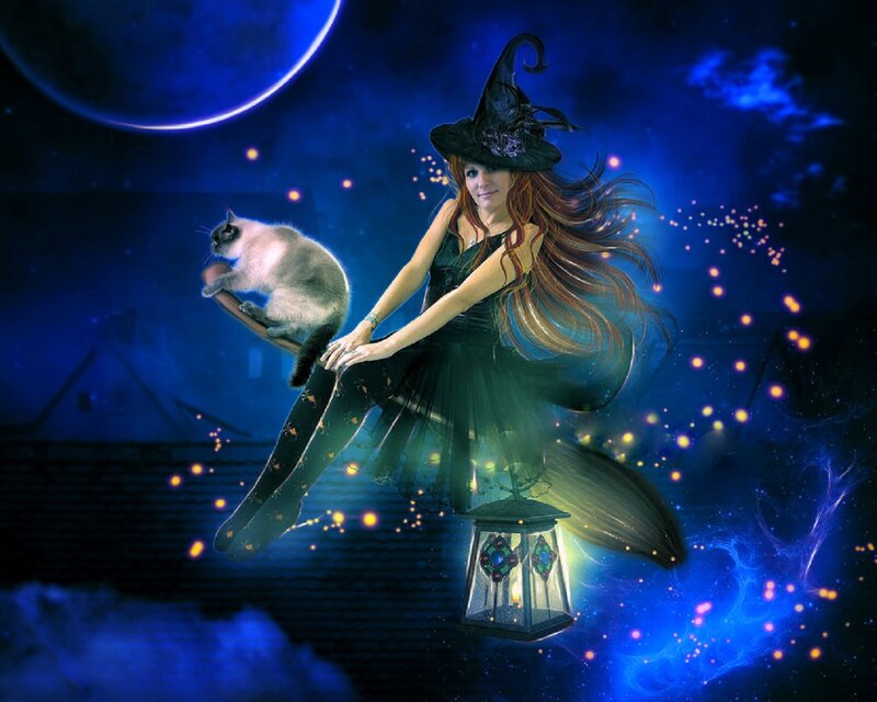 Witch Flying on Broom — Blue, Magical, Night, Digital Art