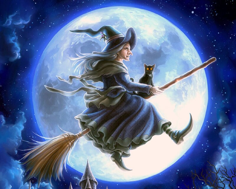 Witch Flying on Broom — Blue, Magical, Night