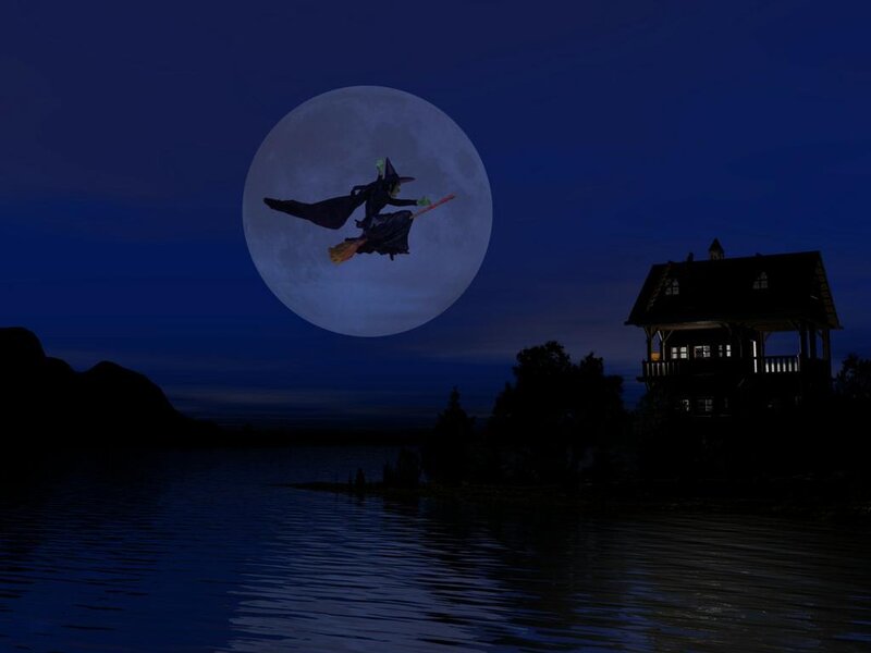 Witch Flying on Broom — Blue, Mysterious