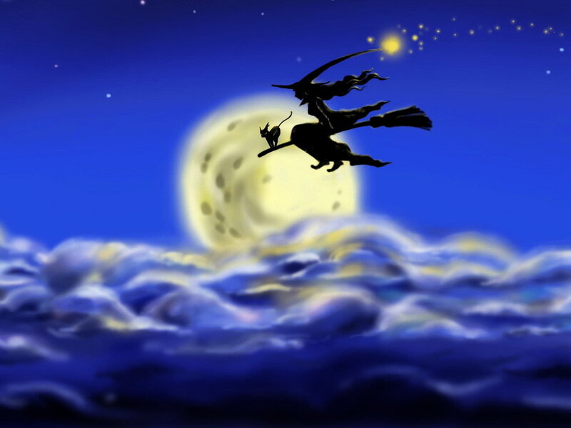 Witch Flying on Broom — Blue, Mystical