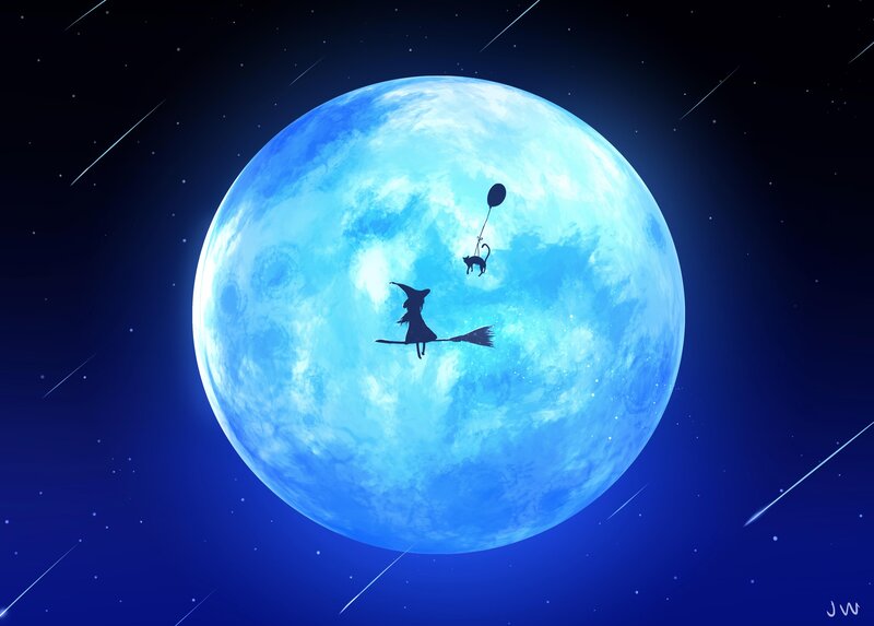 Witch Flying on Broom — Blue, Serene, Night