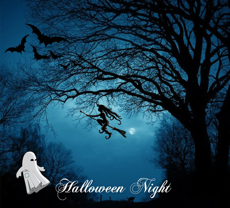 Witch Flying on Broom — Blue, Spooky, Night, Digital Art, Ghost