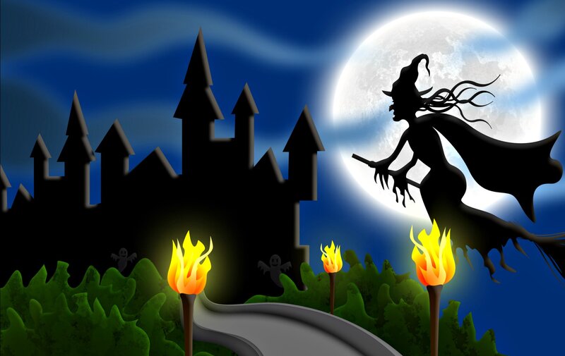 Witch Flying on Broom — Blue, Spooky, Night, Digital Art