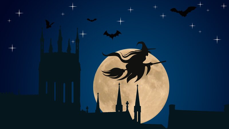 Witch Flying on Broom — Blue, Spooky, Night, Vector Art