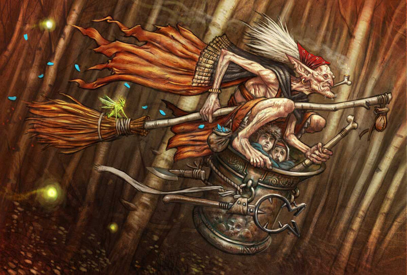 Witch Flying on Broom — Brown, Dramatic, Night