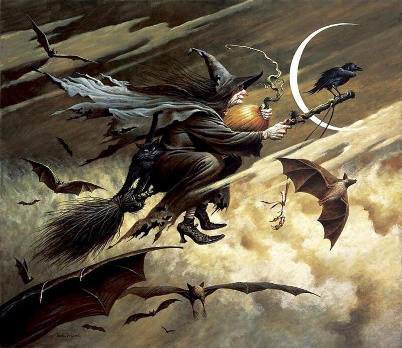 Witch Flying on Broom — Brown
