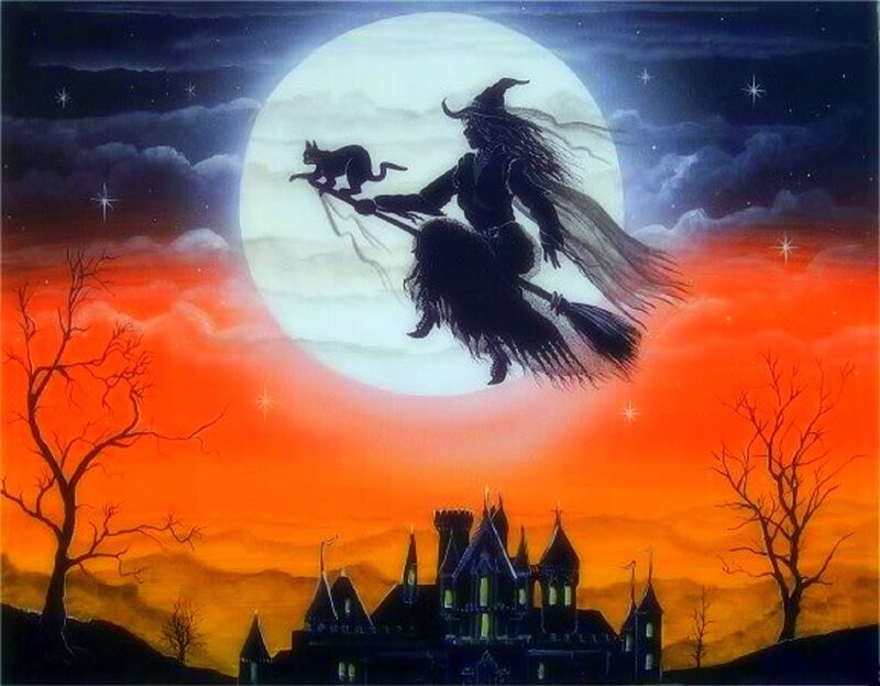 Witch Flying on Broom — Orange, Dramatic, Night, Illustration