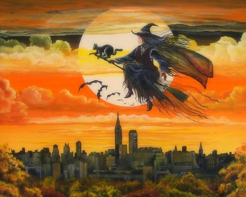 Witch Flying on Broom — Orange, Dramatic, Sunset