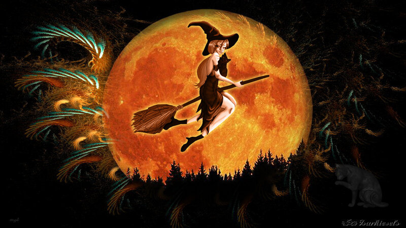 Witch Flying on Broom — Orange, Dramatic
