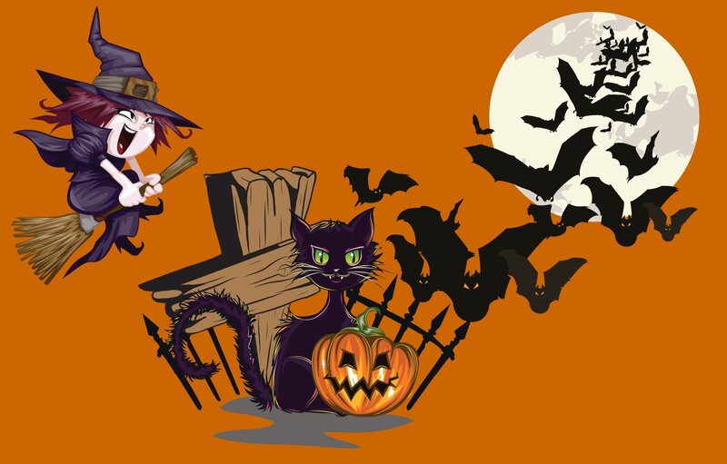 Witch Flying on Broom — Orange, Spooky, Night, Digital Art