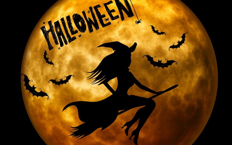 Witch Flying on Broom — Orange, Spooky, Night, Illustration, Bats