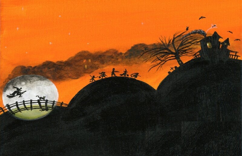 Witch Flying on Broom — Orange, Spooky, Night, Illustration, Moon