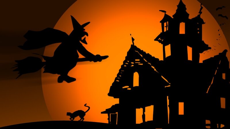 Witch Flying on Broom — Orange, Spooky, Night, Illustration