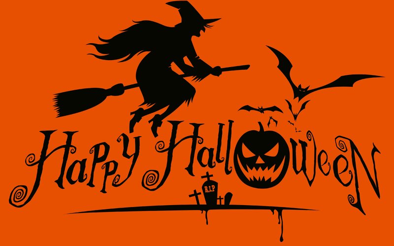 Witch Flying on Broom — Orange, Spooky, Night, Vector Art, Bat