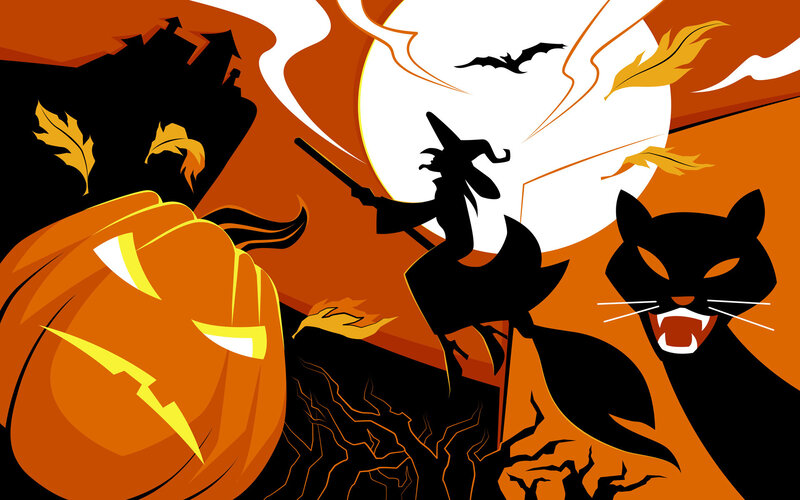 Witch Flying on Broom — Orange, Spooky, Night, Vector Art