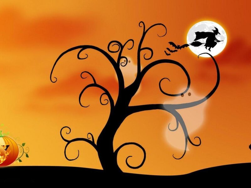 Witch Flying on Broom — Orange, Spooky