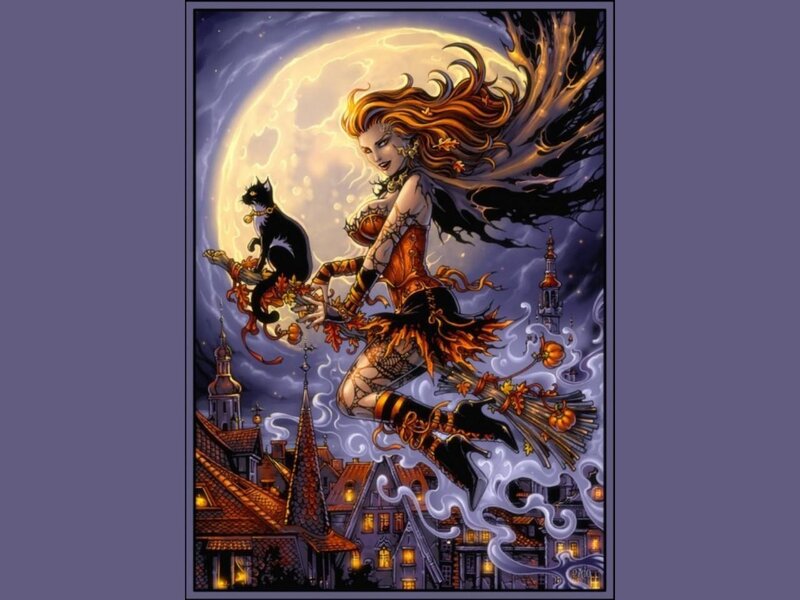 Witch Flying on Broom — Purple, Dramatic