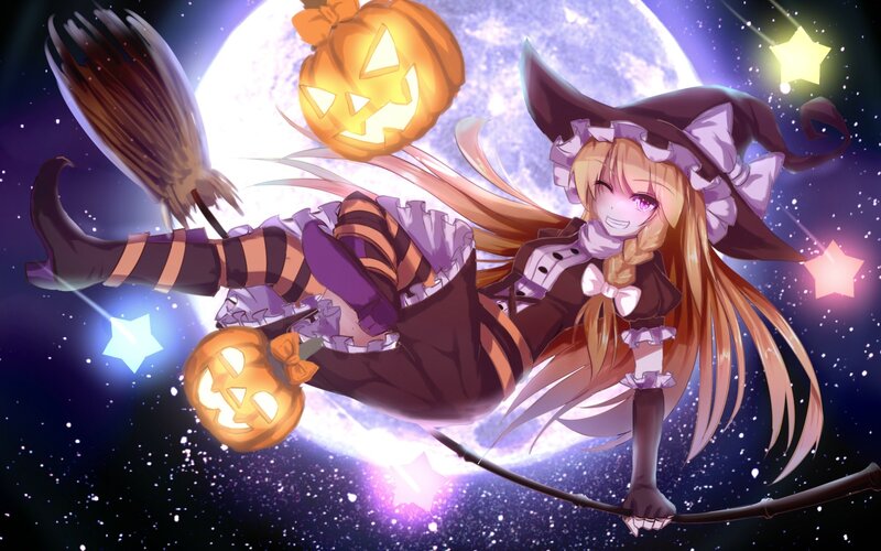Witch Flying on Broom — Purple, Festive, Night, Anime