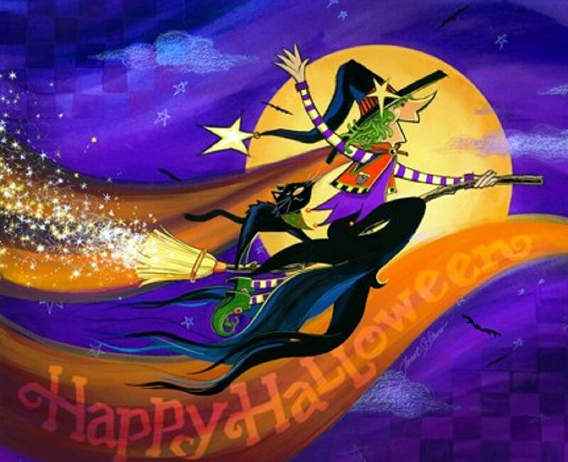 Witch Flying on Broom — Purple, Festive, Night