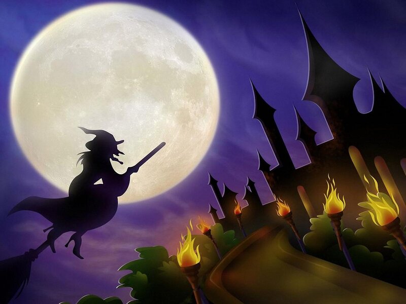 Witch Flying on Broom — Purple, Mysterious, Night, Digital Art, Moon